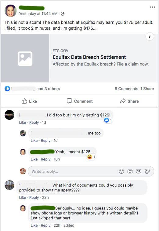 Equifax settlement conversation on Facebook