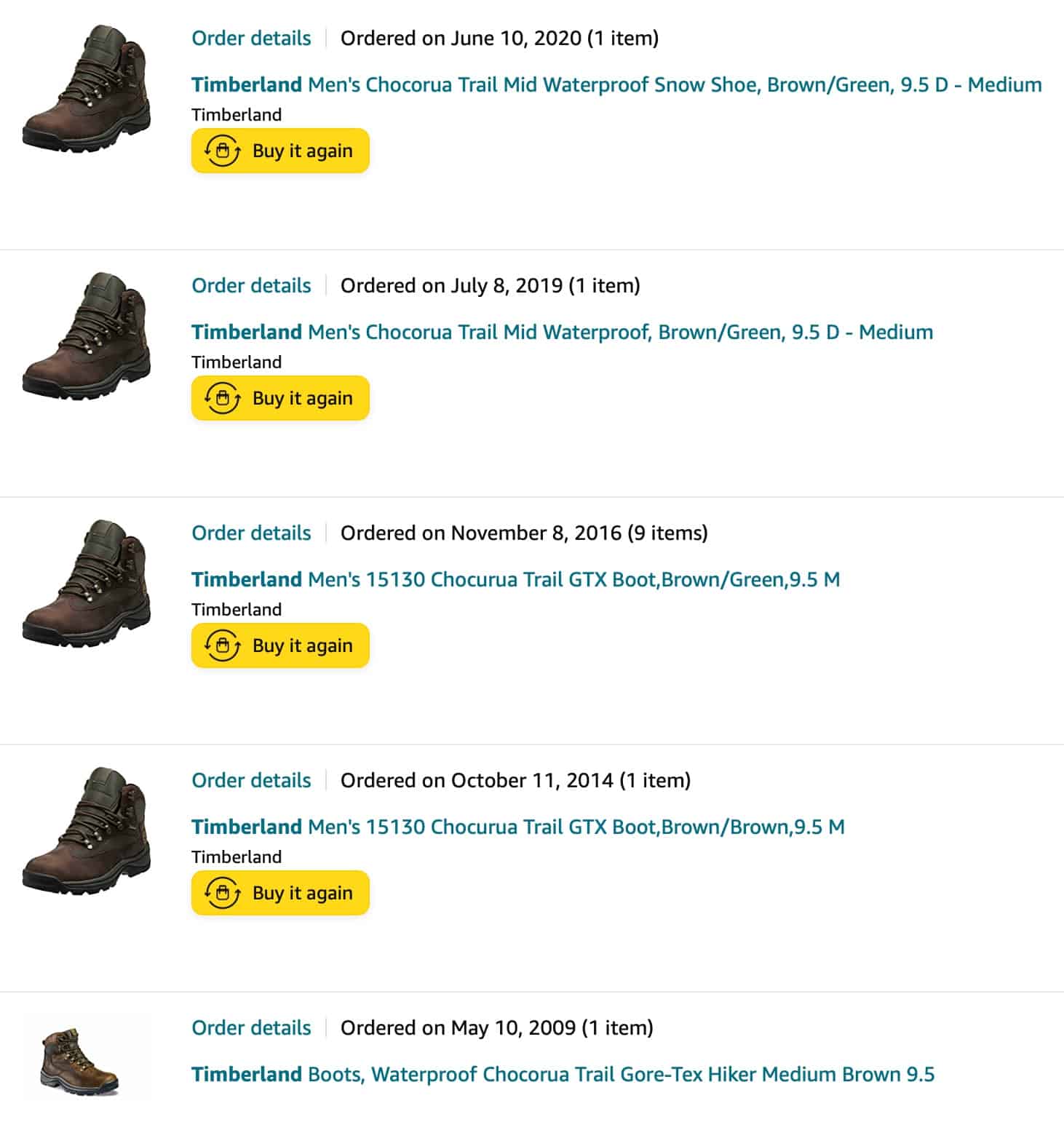 [my Timberland boot order history from Amazon]  título=